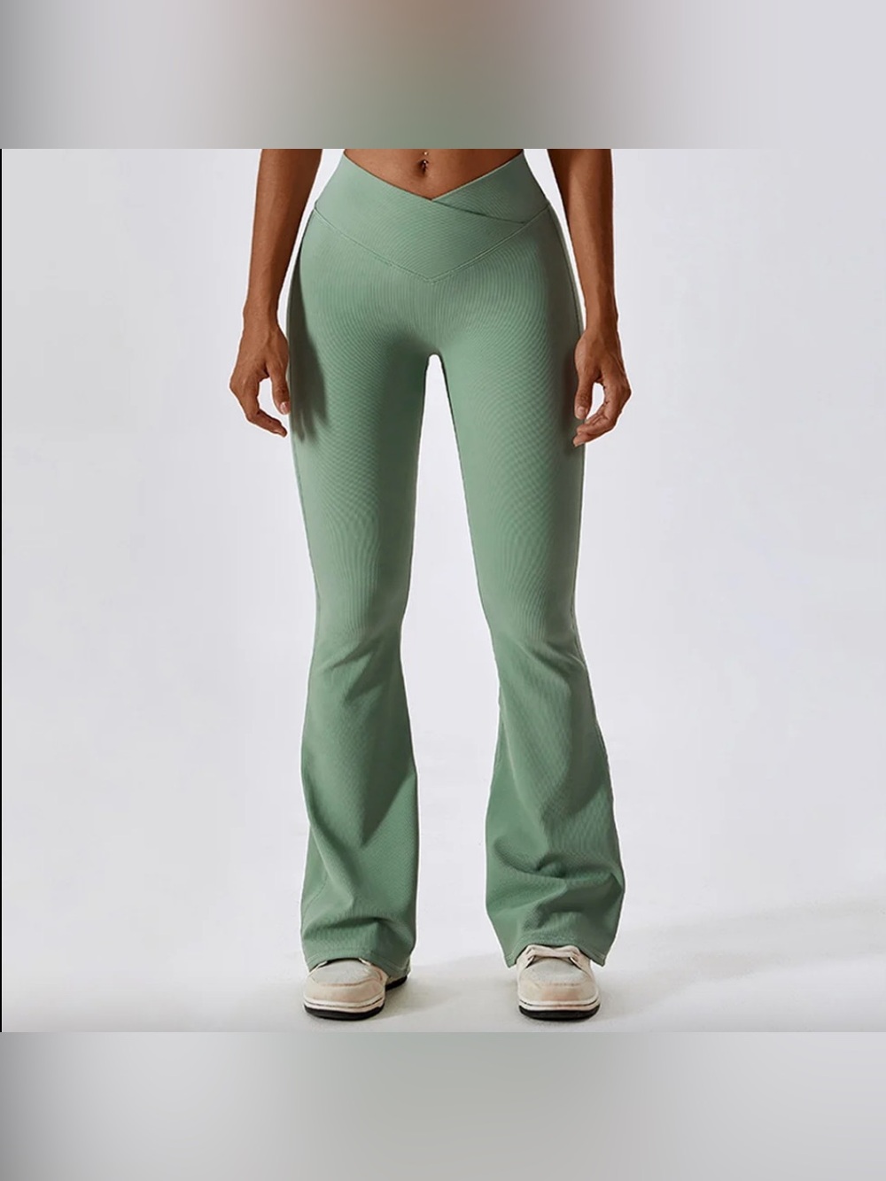 Allure Sage Green Ribbed Flare Pants with V-Waist
